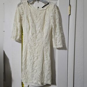 Zara TRF Ivory 3/4 Sleeve Lace Bodycon Mini Dress Womens Size Small Cocktail